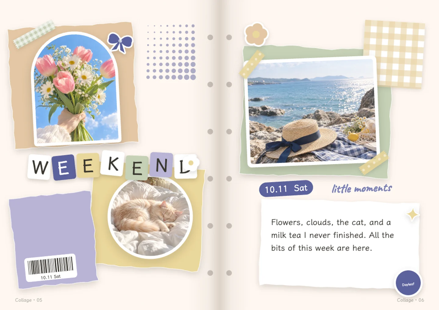 Dayleaf collage journal spread with flowers, a coastal photo, a cat and cut-out lettering