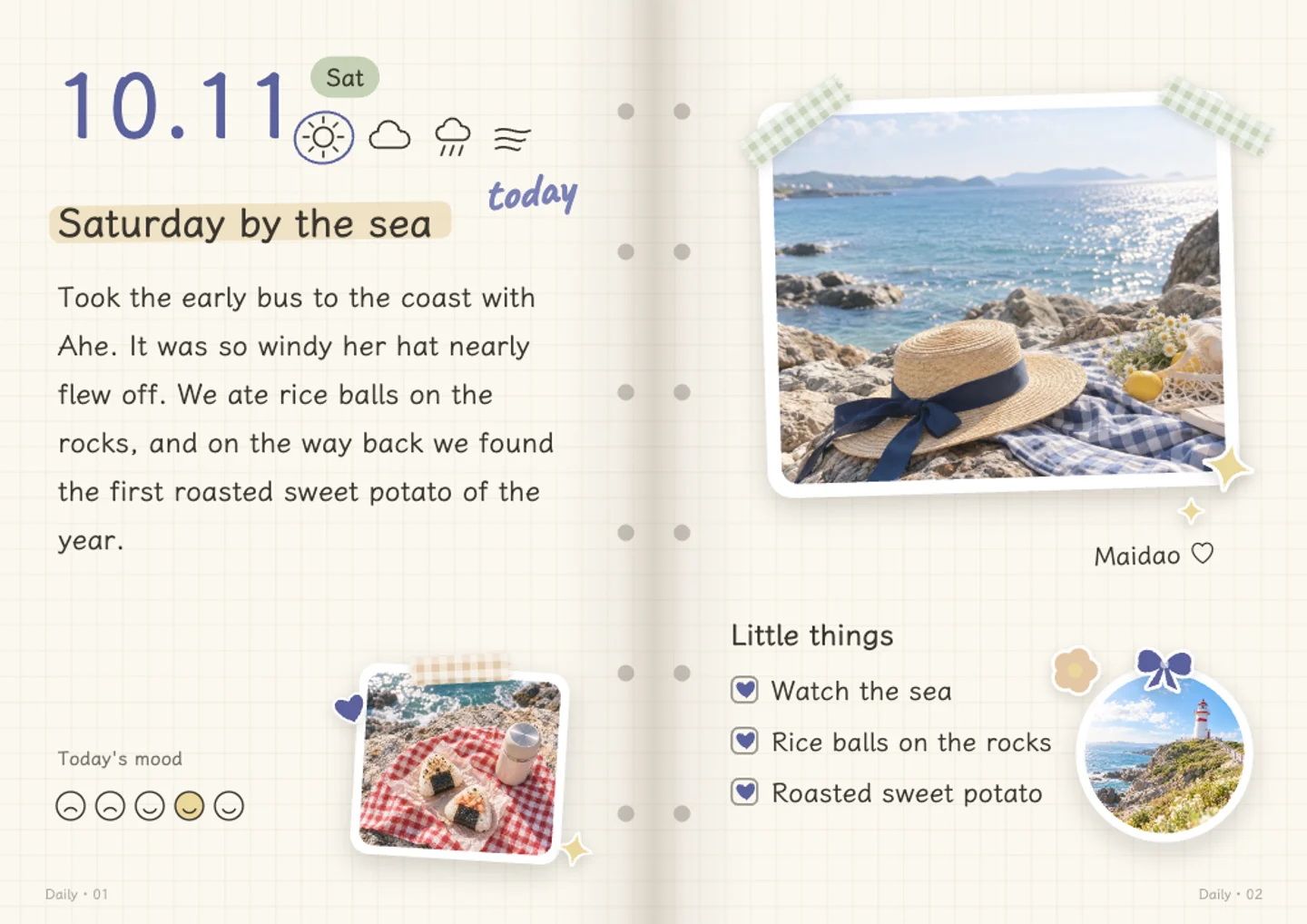 Dayleaf daily photo journal spread with seaside photos, handwritten notes and a checklist