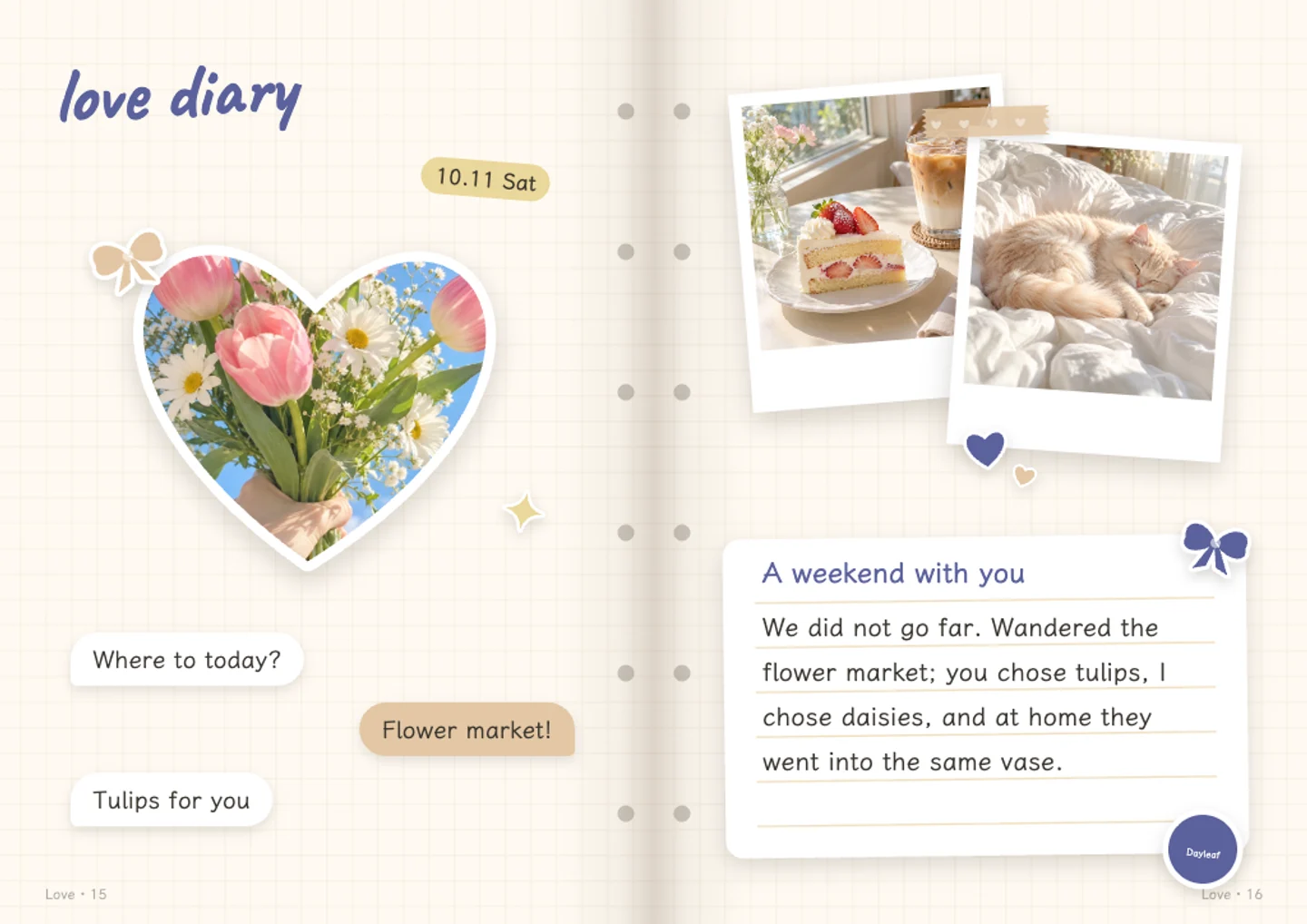 Dayleaf shared memories journal spread with heart-shaped photo styling and handwritten notes