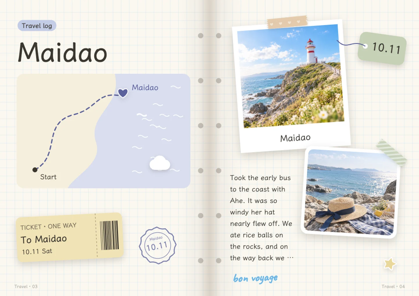 Dayleaf travel journal spread with coastal photos, a decorative map and handwritten travel notes