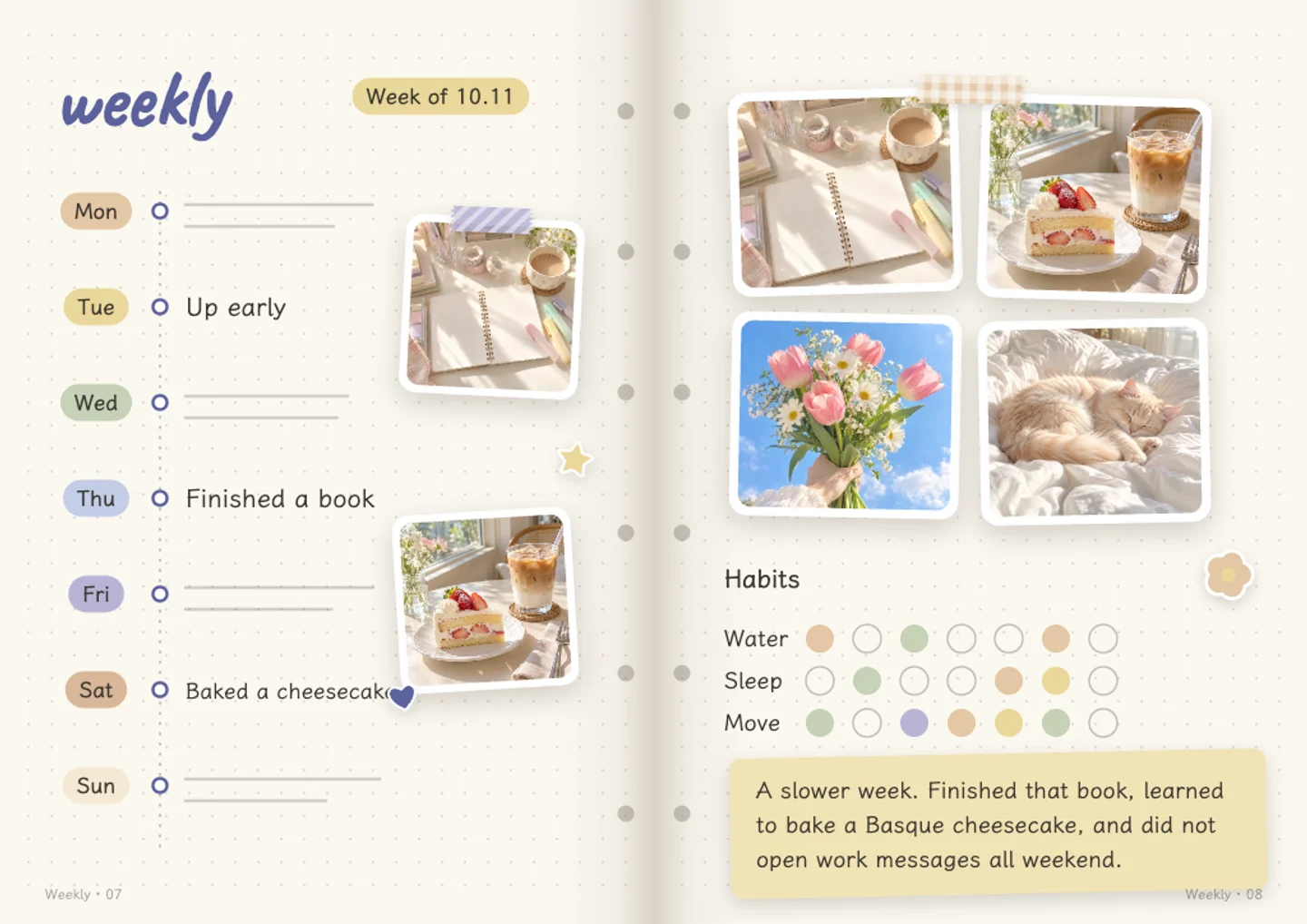 Dayleaf weekly journal spread with four everyday photos, a timeline and a checklist